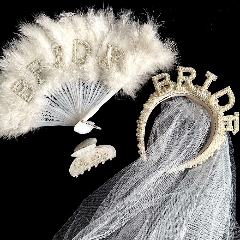 Bride Accessories Set: BRIDE feather fan, pearl headband w/veil, bride claw clip